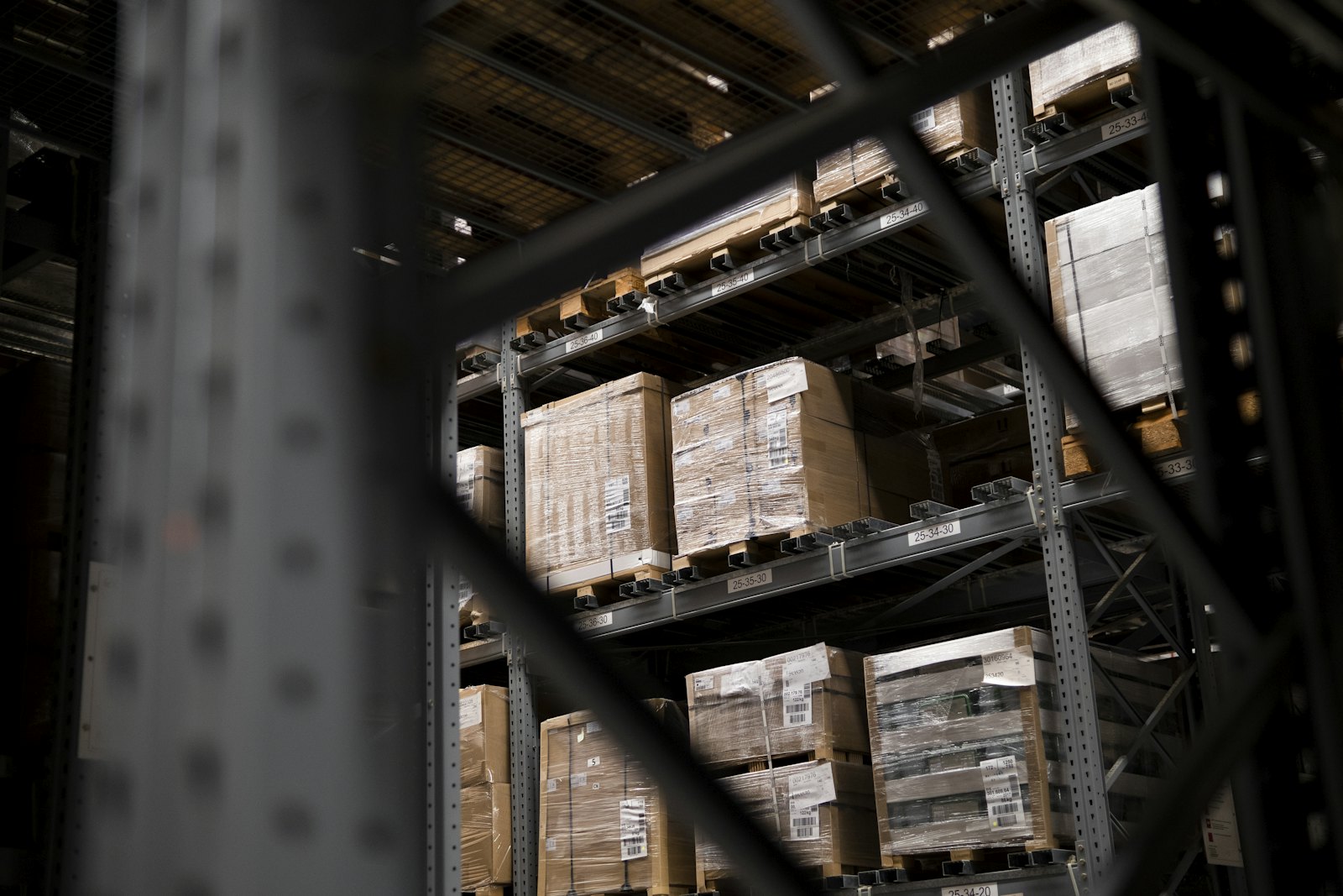 Pallets of boxes stored on racking